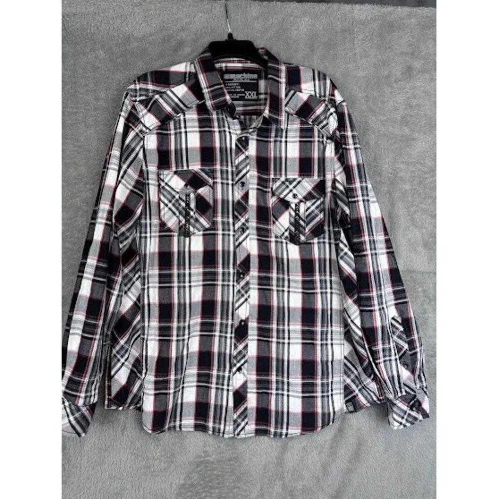 Machine Men's Western Shirt XXL Black Red Plaid‎ Long Sleeve Button Up Casual